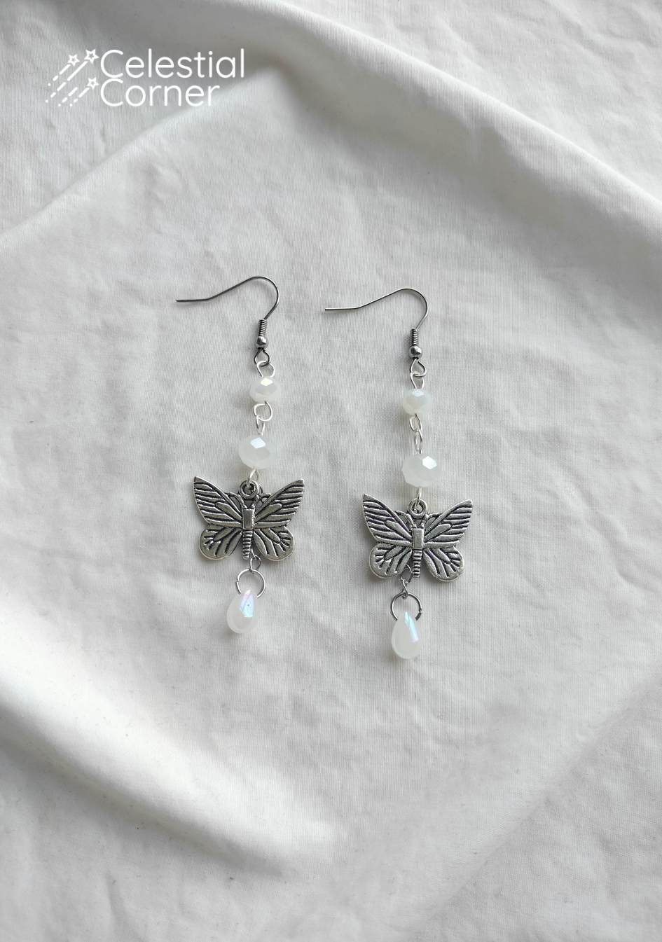 White Butterfly Dewdrop Earrings