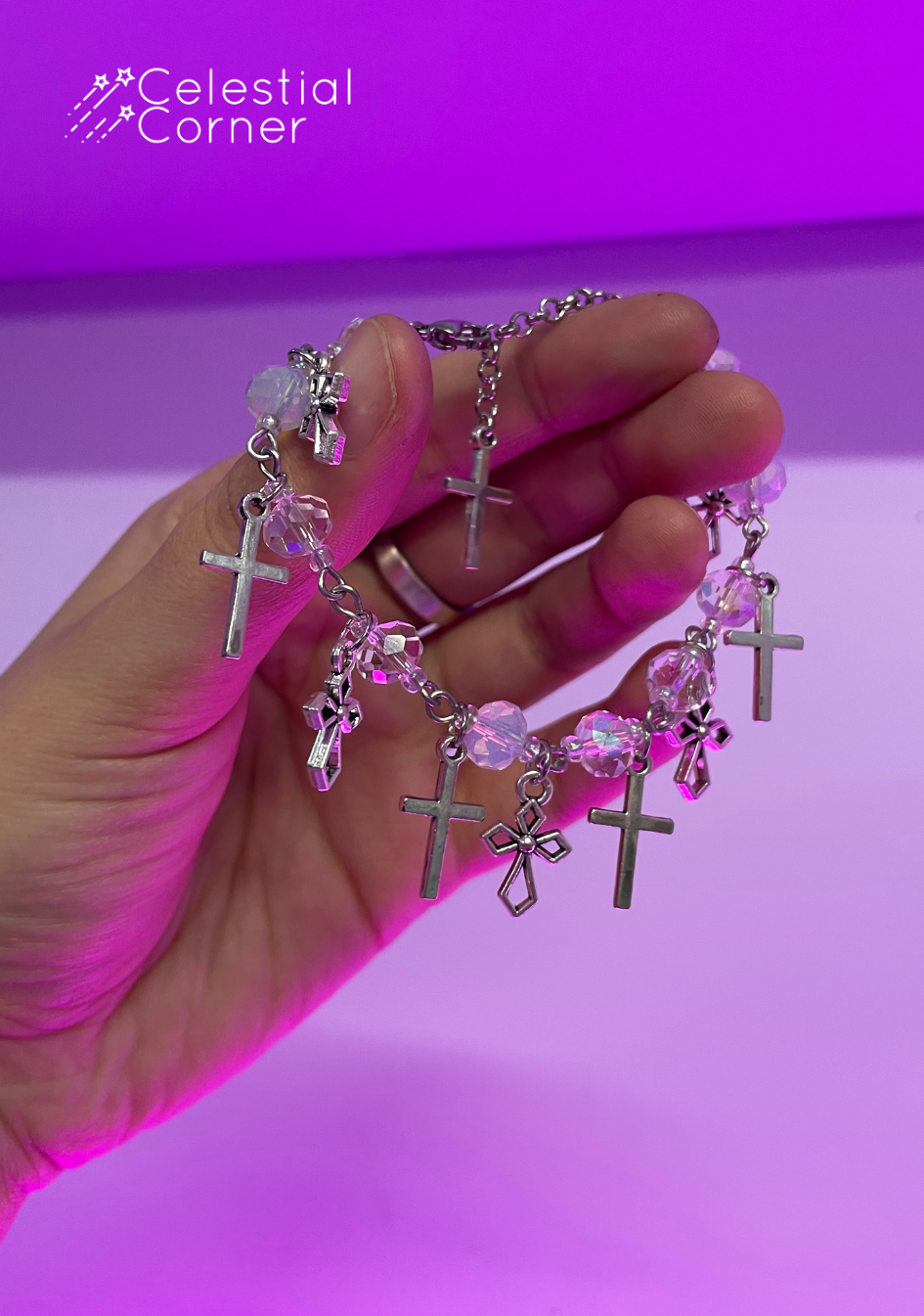 Mini Cross Duo & Translucent Beads Charm Bracelet