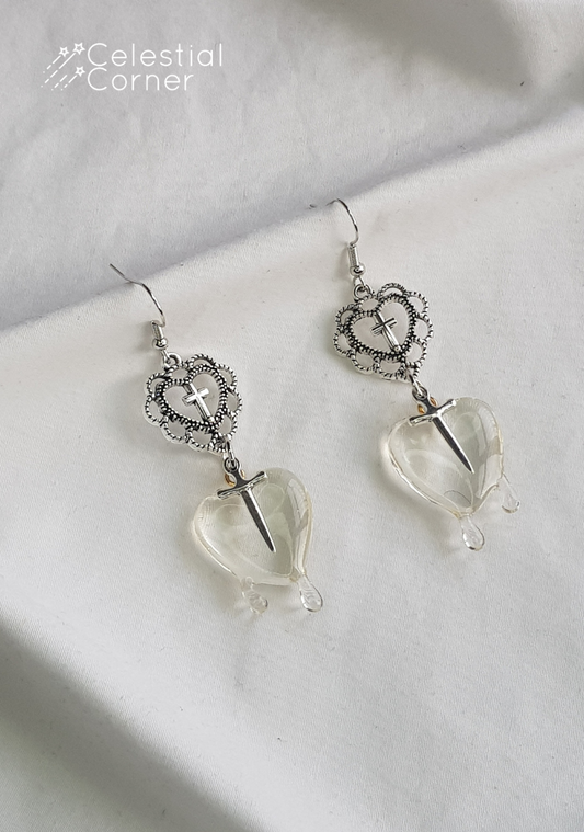 Drippy Clear Heart Sword Earrings