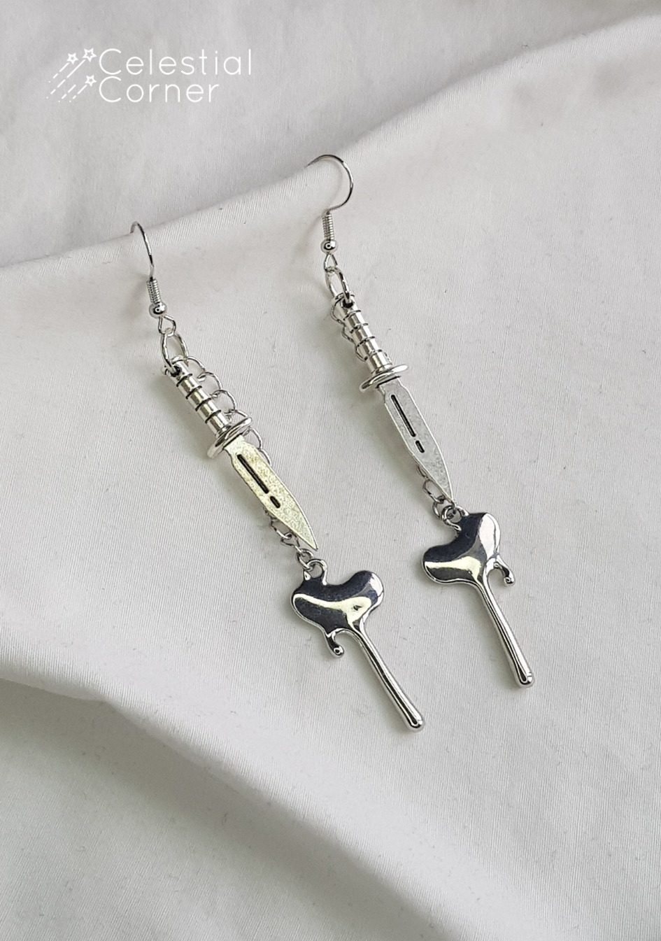 Silver Drip & Heart Sword Earrings