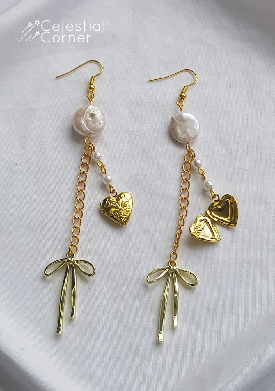Gold Bow & Locket Earrings