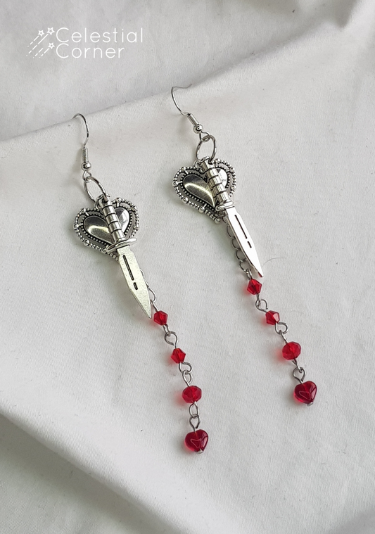 Red Drip Heart & Sword Earrings