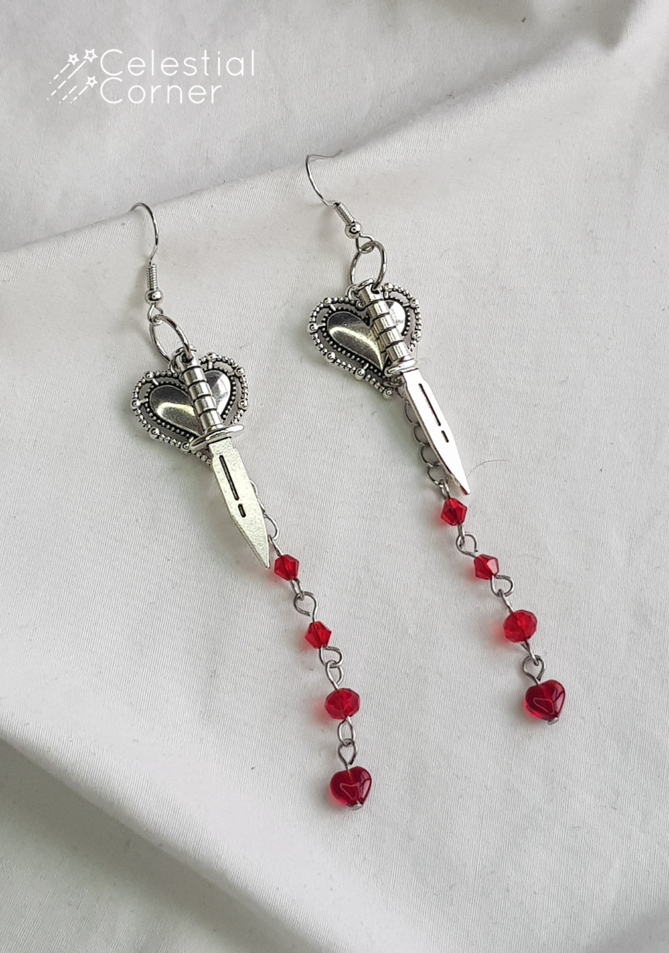 Red Drip Heart & Sword Earrings