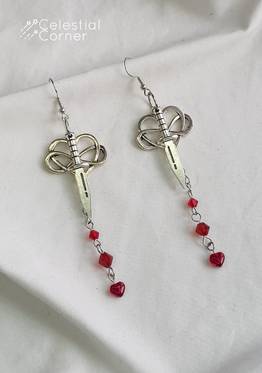 Infinity Heart & Red Drip Sword Earrings