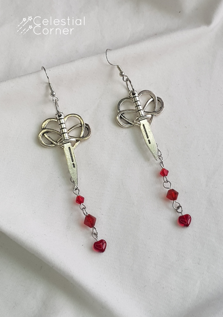 Infinity Heart & Red Drip Sword Earrings