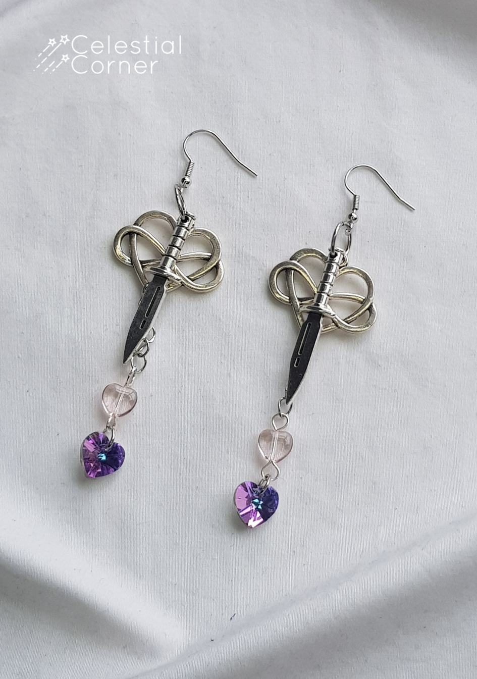 Infinity Heart & Purple Drip Sword Earrings