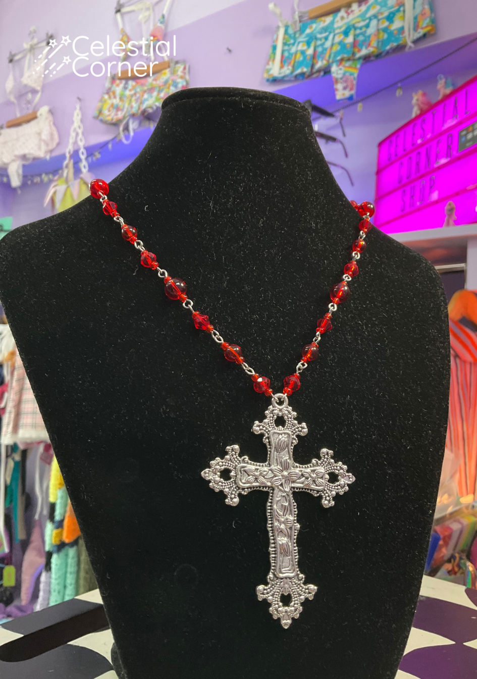 Blood Red Glass Beaded Necklace With Chunky Cross