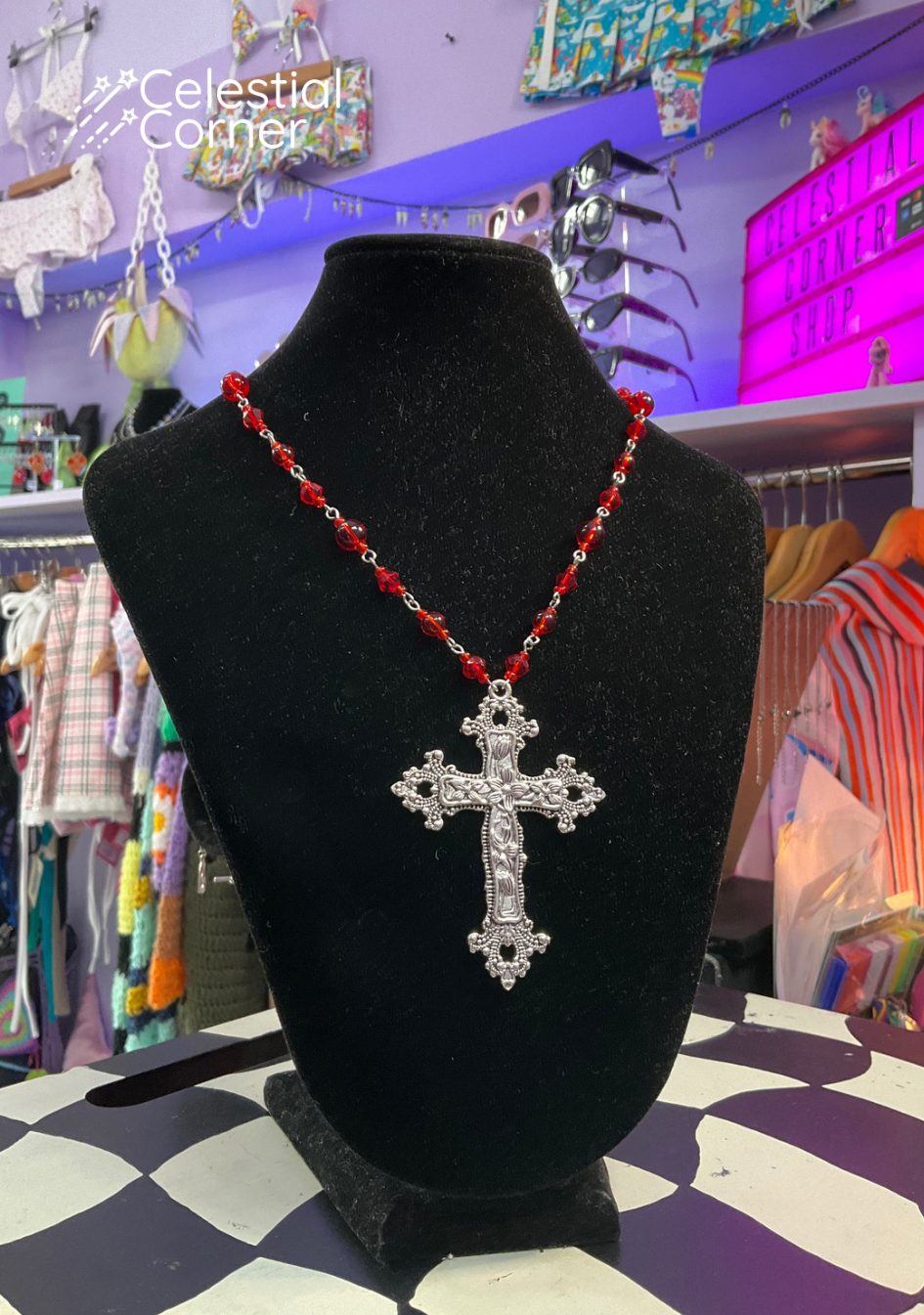 Blood Red Glass Beaded Necklace With Chunky Cross