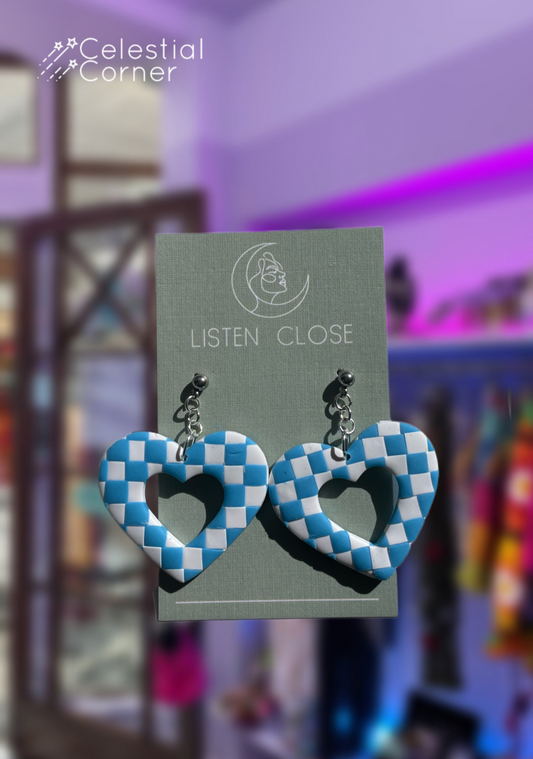 Blue & White Checker Heart Earrings