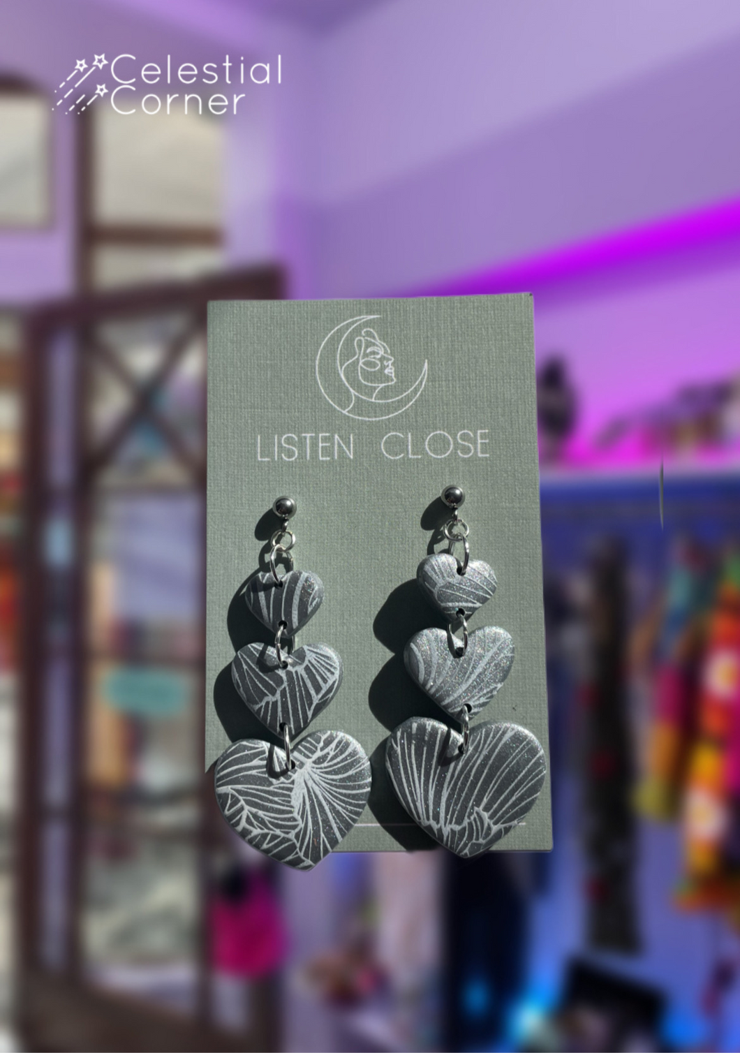 Silver Crackle Heart Dangle Earrings
