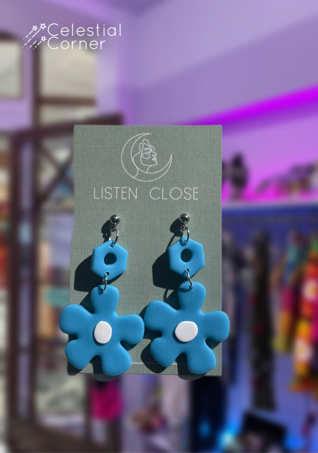 Blue Daisy Dangle Earrings