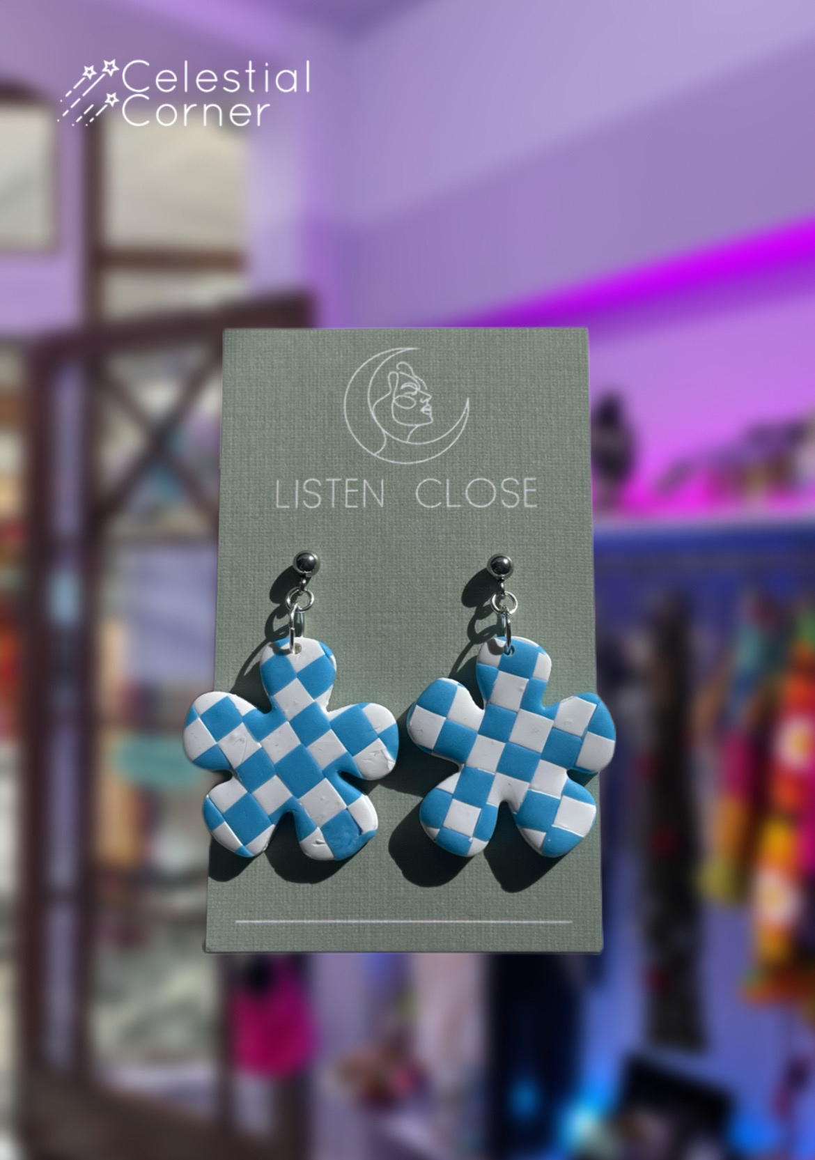 Blue & White Checker Flower Earrings