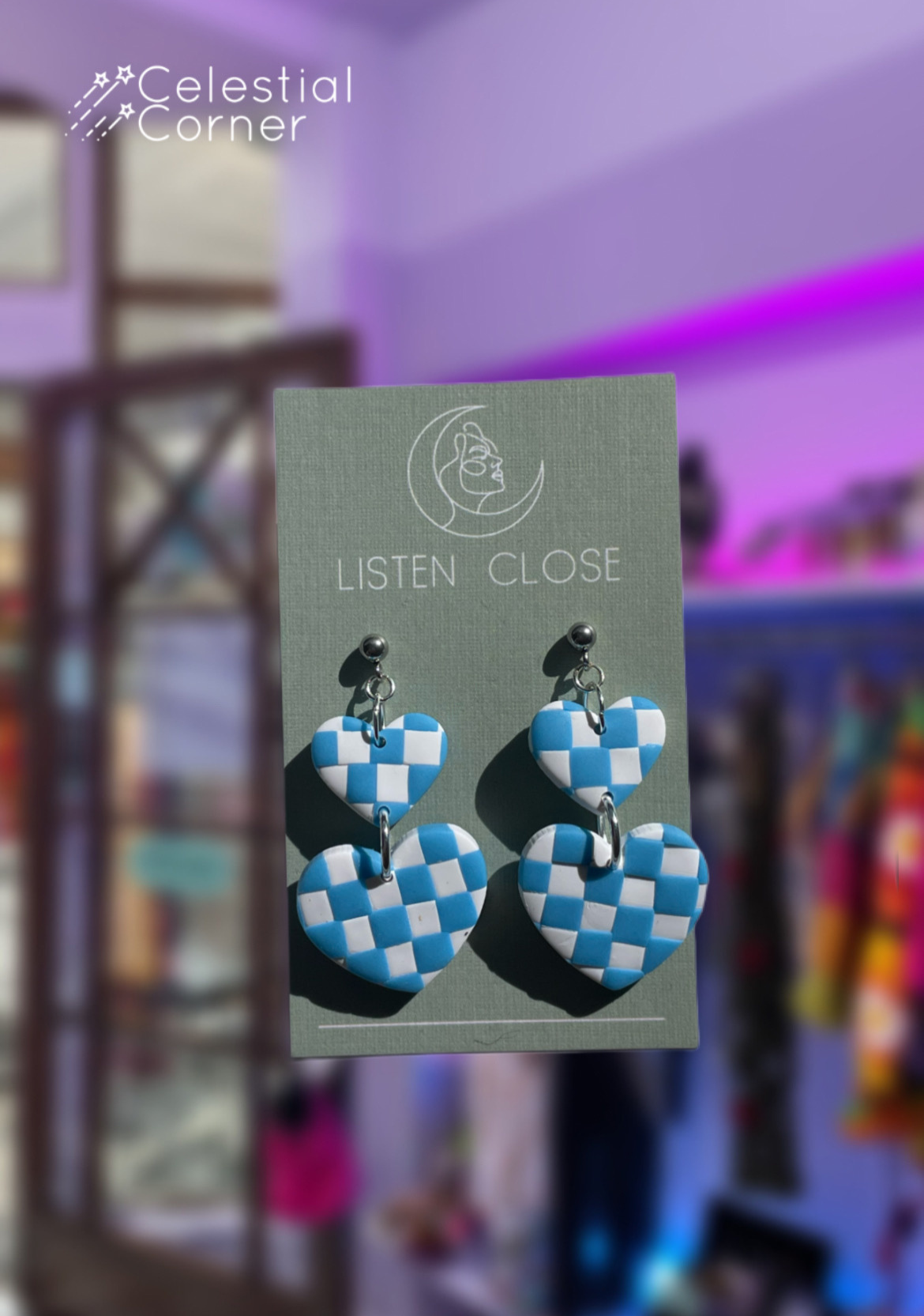 Blue & White Checker Double Heart Dangle Earrings
