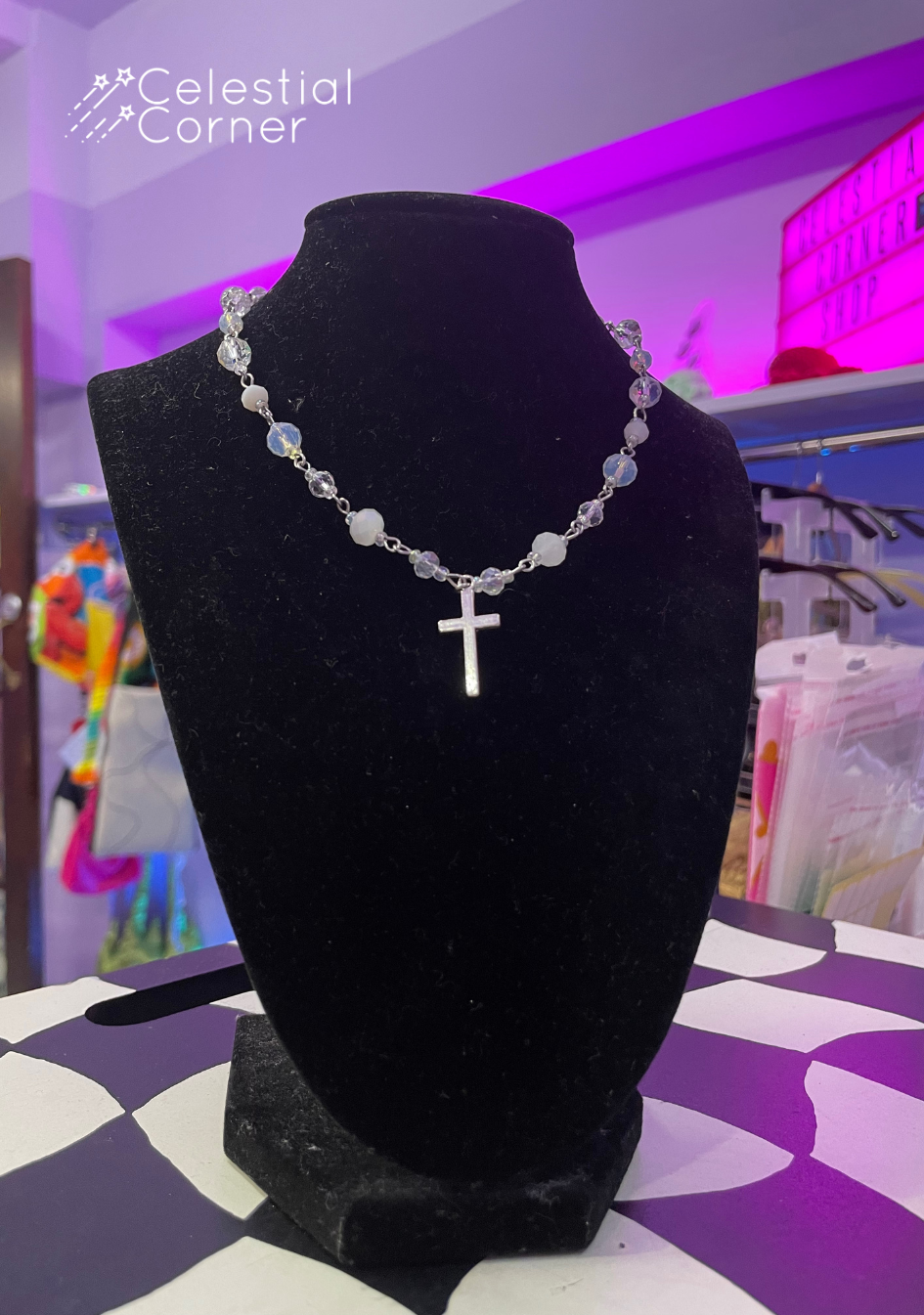 Simple Translucent Bead Cross Necklace